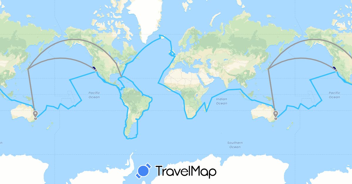 TravelMap itinerary: driving, plane, boat in Angola, Argentina, Australia, Barbados, Brazil, Canada, Côte d'Ivoire, Cook Islands, Chile, Colombia, Costa Rica, Cape Verde, Dominica, Ecuador, Fiji, Falkland Islands, Faroe Islands, France, United Kingdom, Gambia, Guatemala, Indonesia, Ireland, Iceland, Japan, Comoros, Cayman Islands, Sri Lanka, Madagascar, Mexico, Malaysia, Mozambique, Namibia, Nicaragua, Panama, Peru, Portugal, Seychelles, Singapore, São Tomé and Príncipe, El Salvador, Thailand, Tonga, United States, Uruguay, Vanuatu, Samoa, South Africa (Africa, Asia, Europe, North America, Oceania, South America)