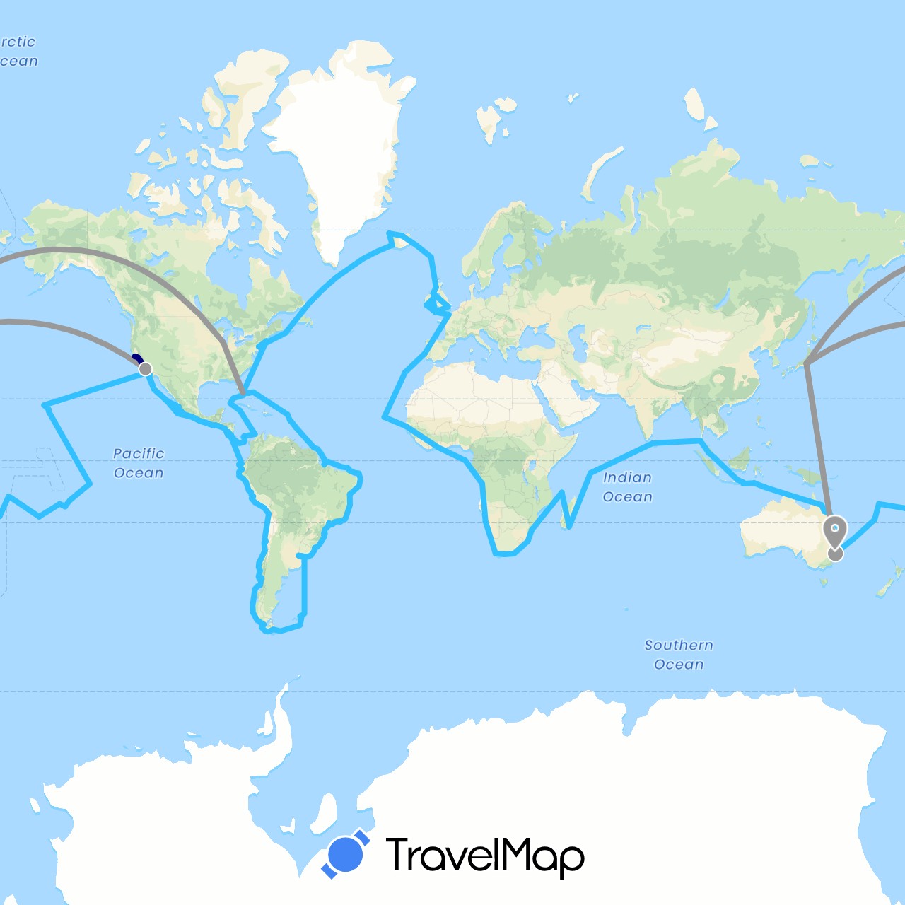 TravelMap itinerary: driving, plane, boat in Angola, Argentina, Australia, Barbados, Brazil, Canada, Côte d'Ivoire, Cook Islands, Chile, Colombia, Costa Rica, Cape Verde, Dominica, Ecuador, Fiji, Falkland Islands, Faroe Islands, France, United Kingdom, Gambia, Guatemala, Indonesia, Ireland, Iceland, Japan, Comoros, Cayman Islands, Sri Lanka, Madagascar, Mexico, Malaysia, Mozambique, Namibia, Nicaragua, Panama, Peru, Portugal, Seychelles, Singapore, São Tomé and Príncipe, El Salvador, Thailand, Tonga, United States, Uruguay, Vanuatu, Samoa, South Africa (Africa, Asia, Europe, North America, Oceania, South America)